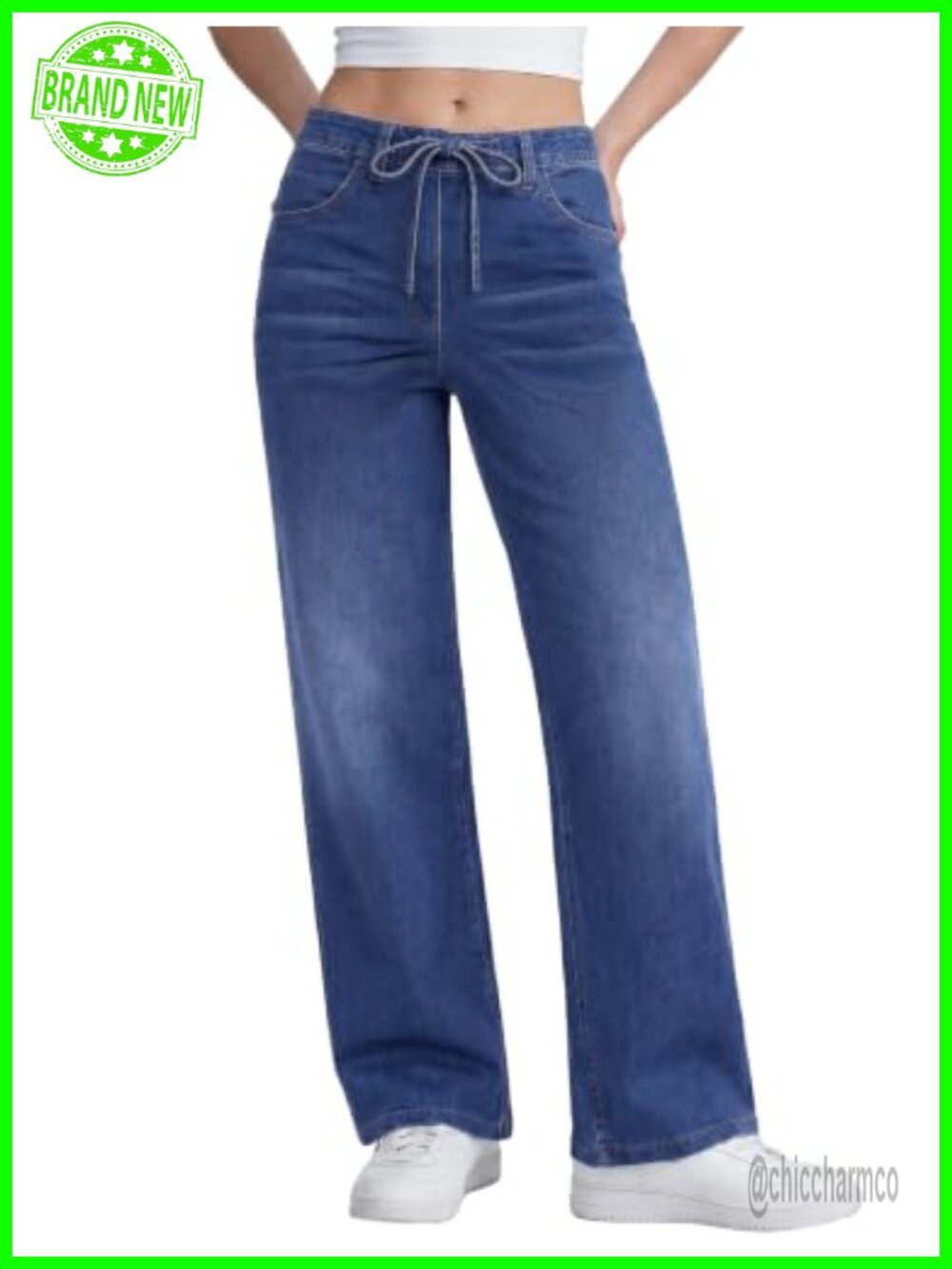 Wide Leg Stretch Denim Jeans High Rise Pull On Drawstring Pants